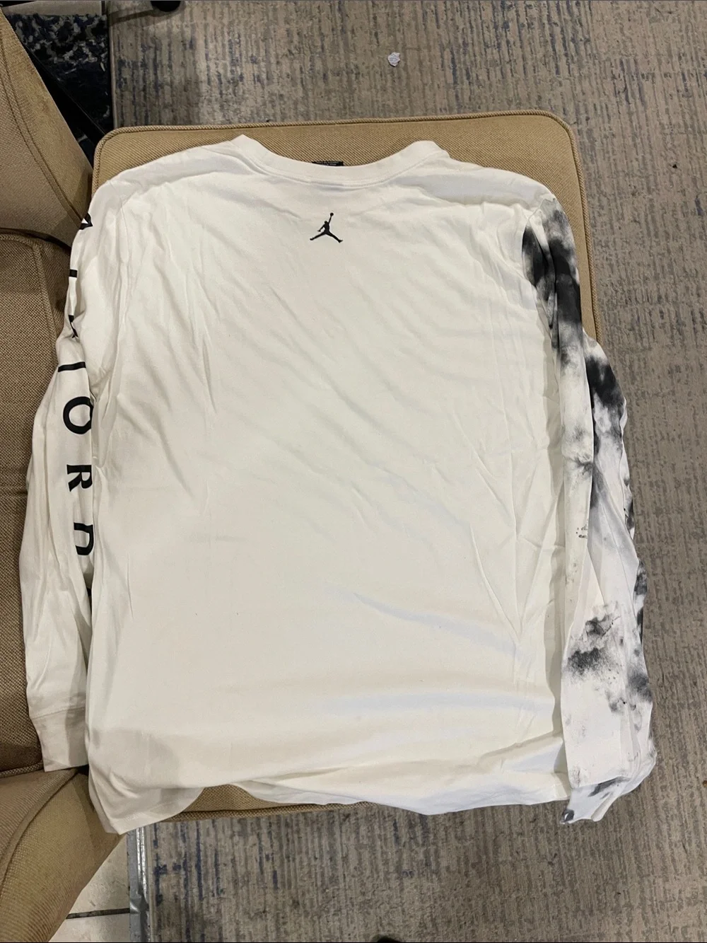 Jordan White Long Sleeve Tee with Black Tie-Dye Accent